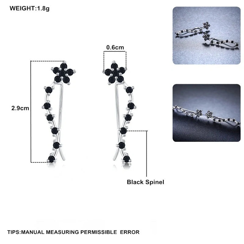 Women's long fringed zircon earrings in black with floral design