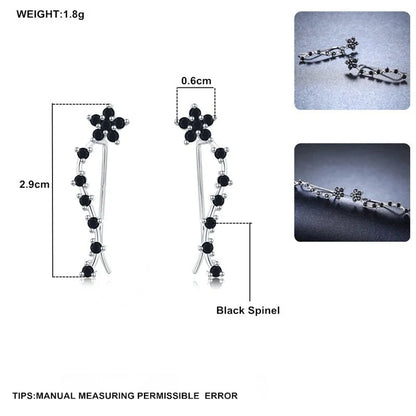Women's long fringed zircon earrings in black with floral design