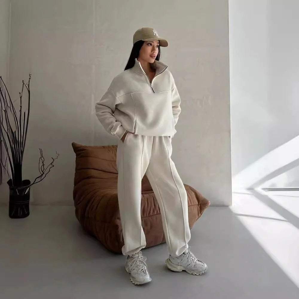 Stylish Y2K Women's Winter Jogging Two-Piece Set in apricot and navy blue