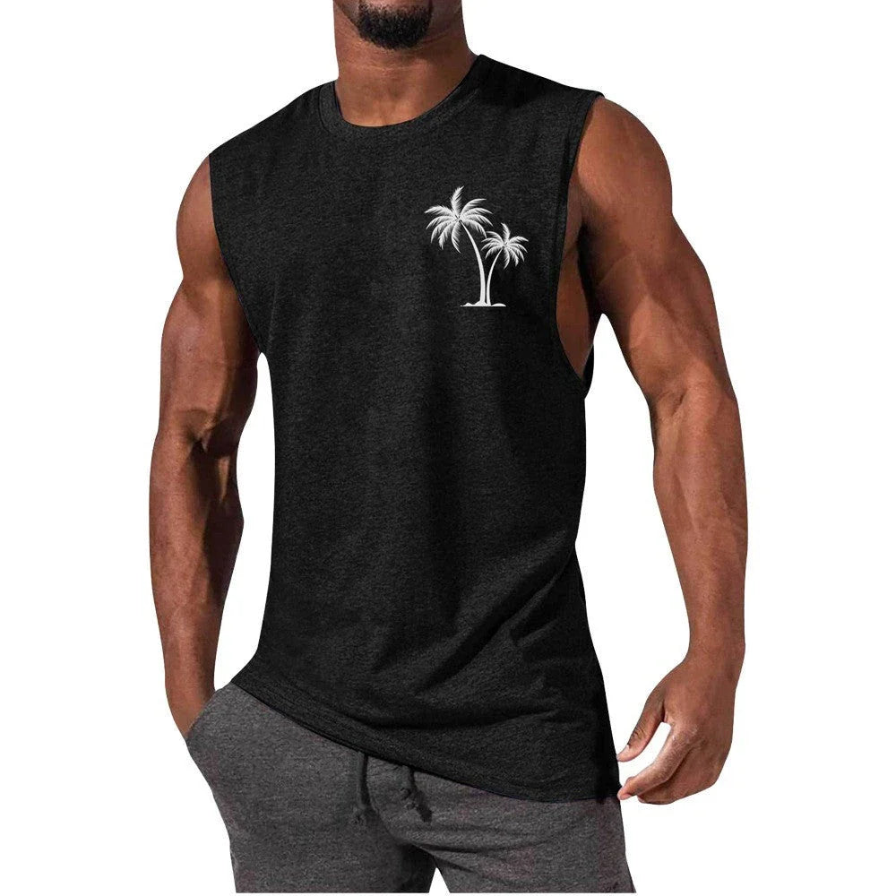 Tropical coconut tree print workout tank top for men, made with breathable, moisture-wicking fabrics for an active lifestyle.