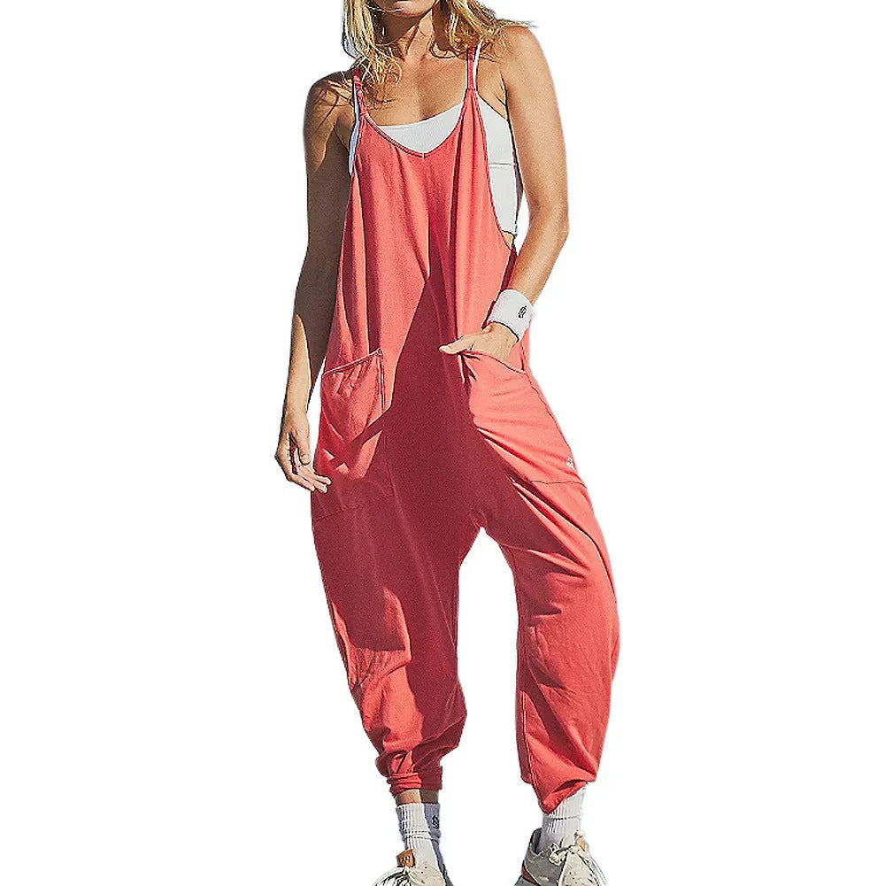 Sleeveless jumpsuits for women in a variety of colors, including black, gray, green, brown, orange-red, light blue, purple, and dark gray
