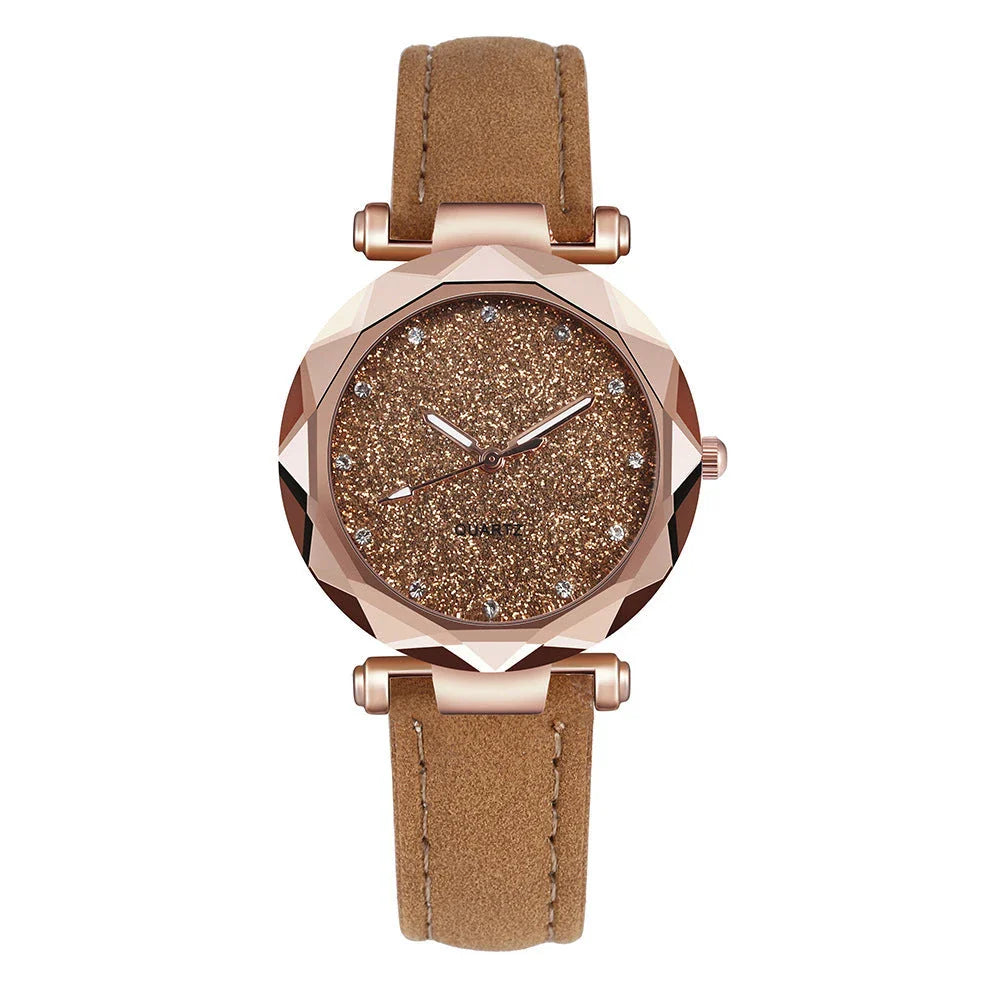 Stylish and versatile starry-patterned watch with a sleek case and comfortable leather strap, available in a variety of captivating colors