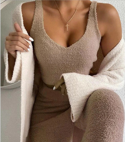 Cozy 3-piece velvet pajama set with long sleeve crop top and drawstring shorts in various colors