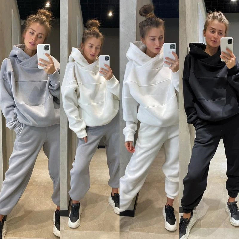 Urban casual sweater fleece top and pencil pants suit in classic colours