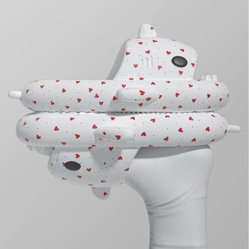 Cute shark-themed slippers with heart print design in various vibrant colors