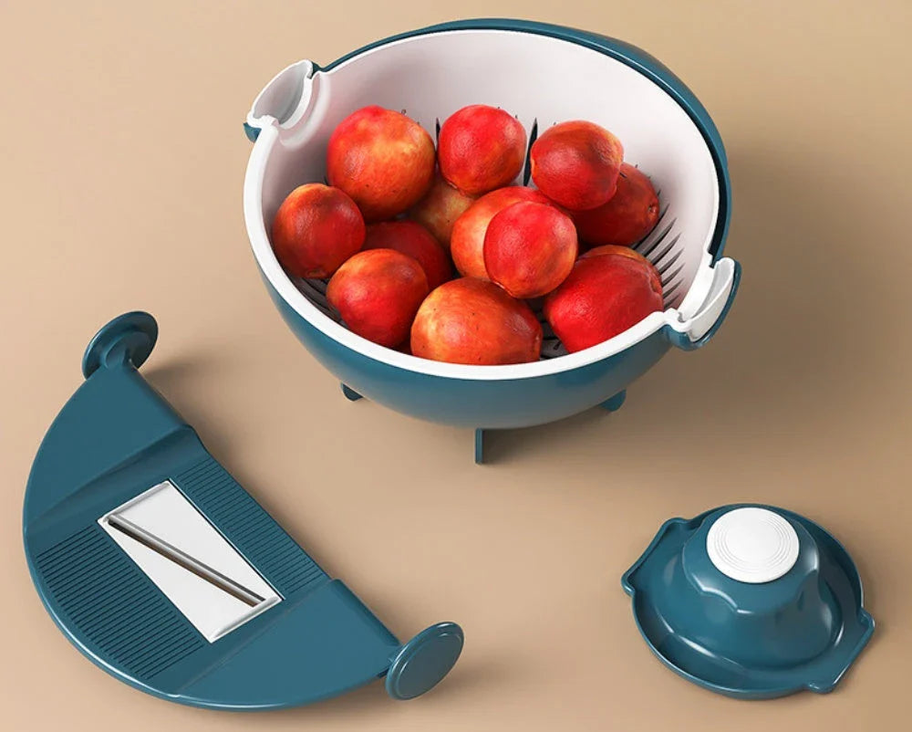 A premium 9-in-1 vegetable drainage basket with a unique drainage system and interchangeable blades for efficient meal preparation