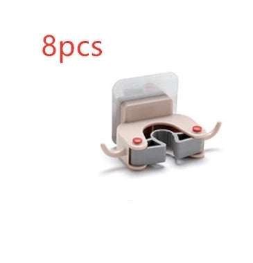 Adhesive wall-mounted mop and broom holder with double hooks for storing cleaning tools, available in multiple colors.
