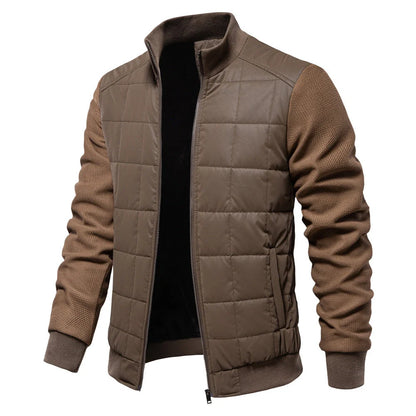 Stylish men's winter jacket with unique stitching design, stand collar, and variety of classic colours