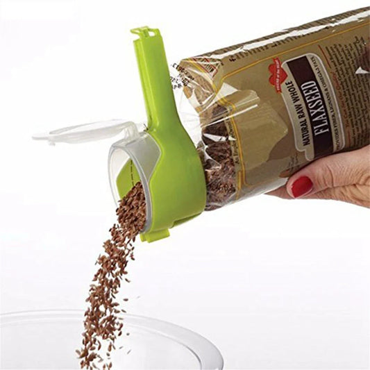 Premium food preservation clip with airtight seal and wide pouring spout to keep snacks fresh