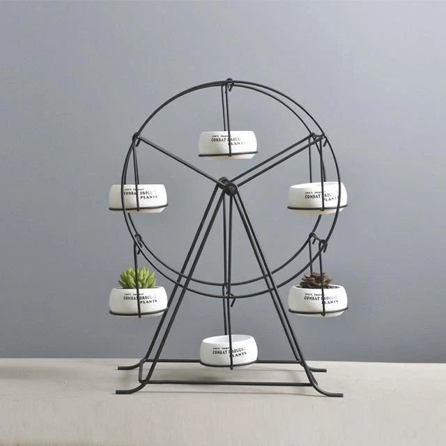 Ferris Wheel stand with 6 cement succulent plant pots for compact plant display