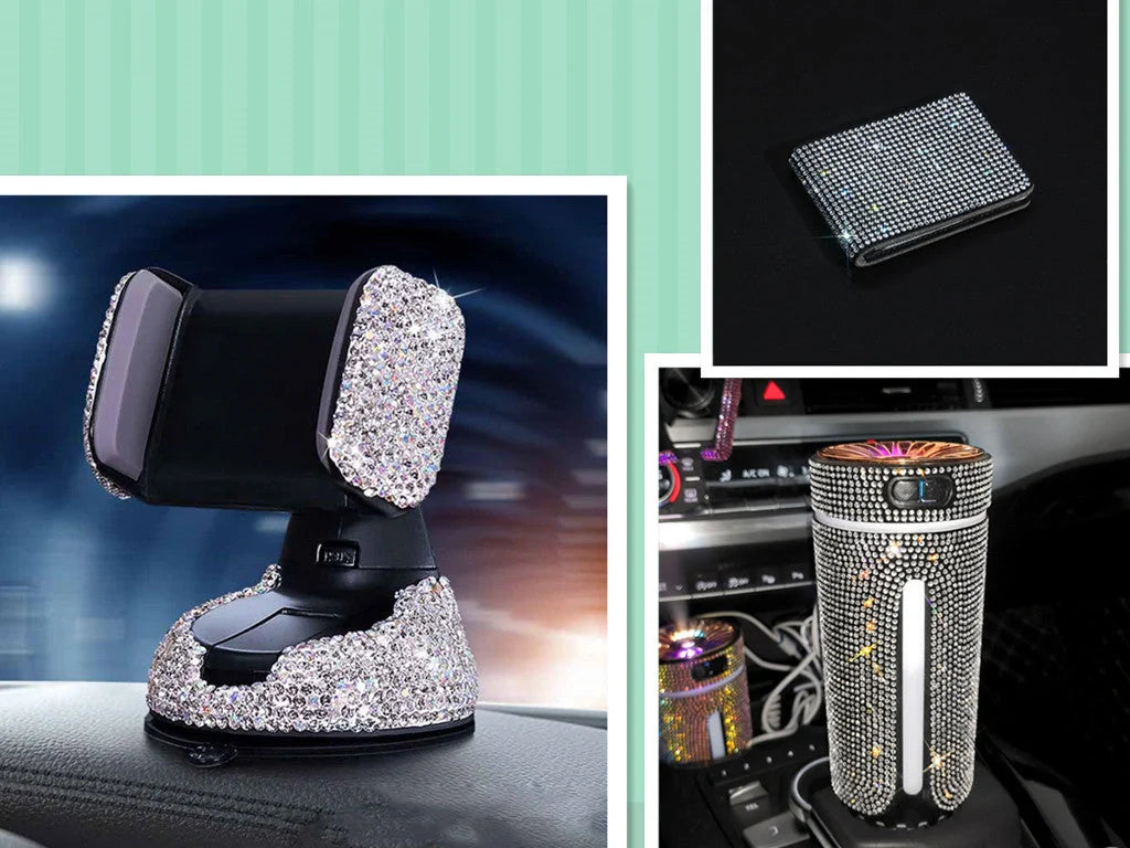 Diamond-encrusted car phone holder mounted on air vent with phone securely in place