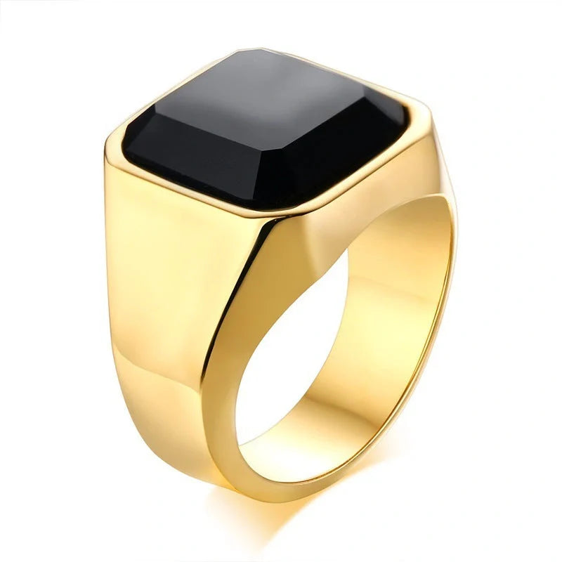 Men's geometric stainless steel ring in silver, gold, red, and black finishes