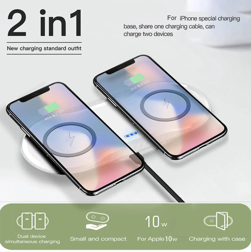 Dual wireless mobile phone charger in black and white, featuring intelligent temperature control