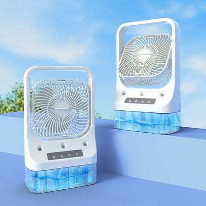 USB rechargeable cooling fan with water tank, adjustable airflow, and colorful night lights for enhanced indoor climate control