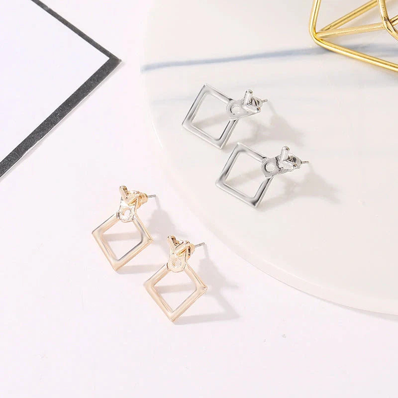 Hollow diamond square stud earrings in alloy with various finishes
