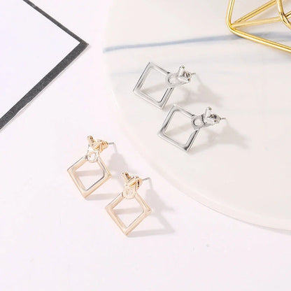 Hollow diamond square stud earrings in alloy with various finishes