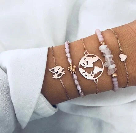 Bead Chain Bracelet Set featuring star and moon design in alloy material