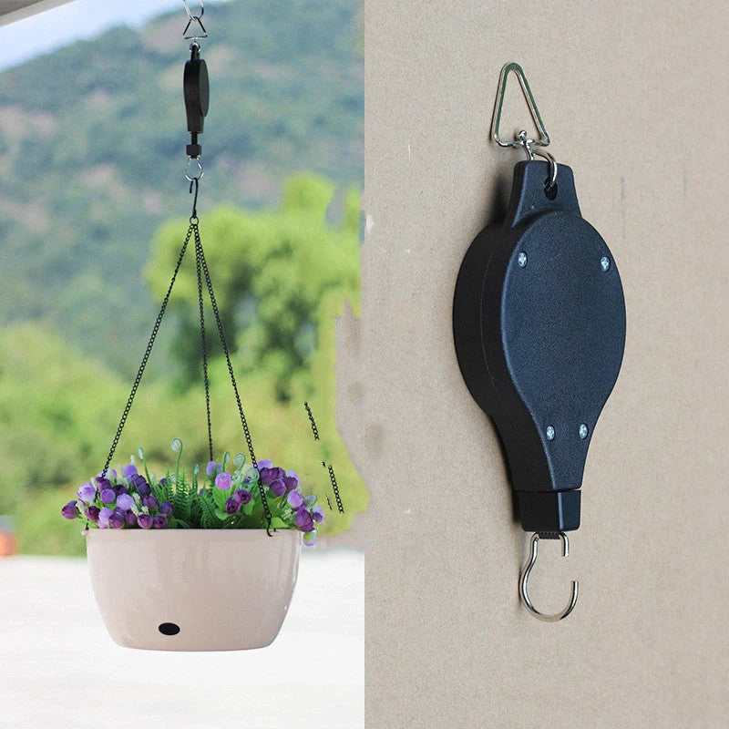 Detachable hanging basket hook with elastic cord for adjustable plant height