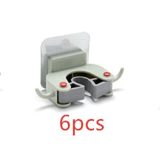 Adhesive wall-mounted mop and broom holder with double hooks for storing cleaning tools, available in multiple colors.