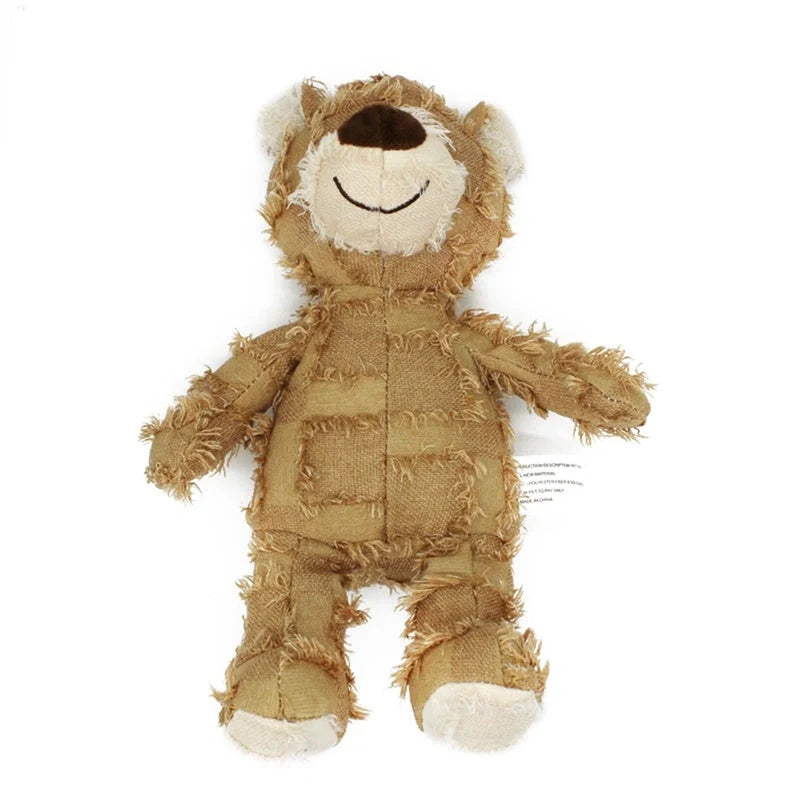 Bear-shaped plush dog toy with squeak sound and bite-resistant features