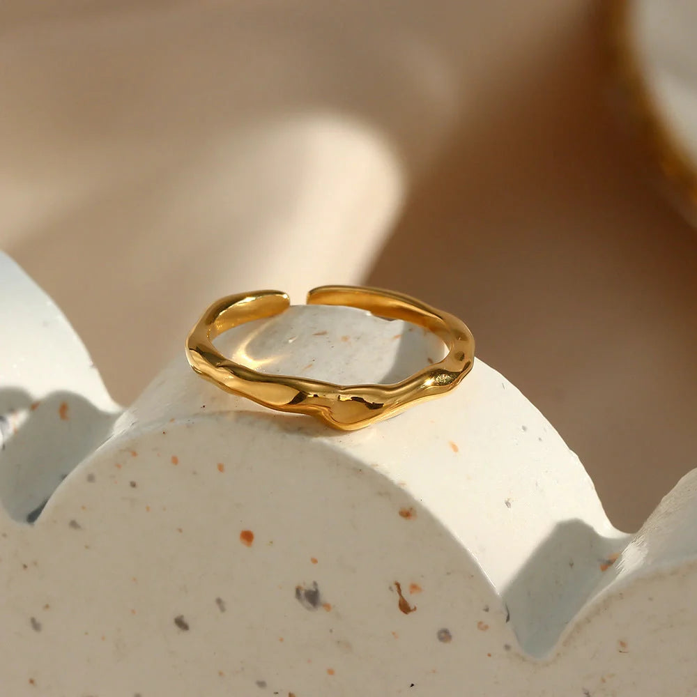 Elegant adjustable stainless steel bamboo ring with gold finish
