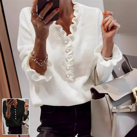 Stylish V-Neck Ruffled Knit Jumper in Black and White Colours for Women