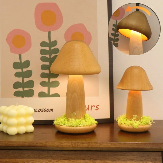 Twisted Mushroom Night Light in beech wood with USB charging