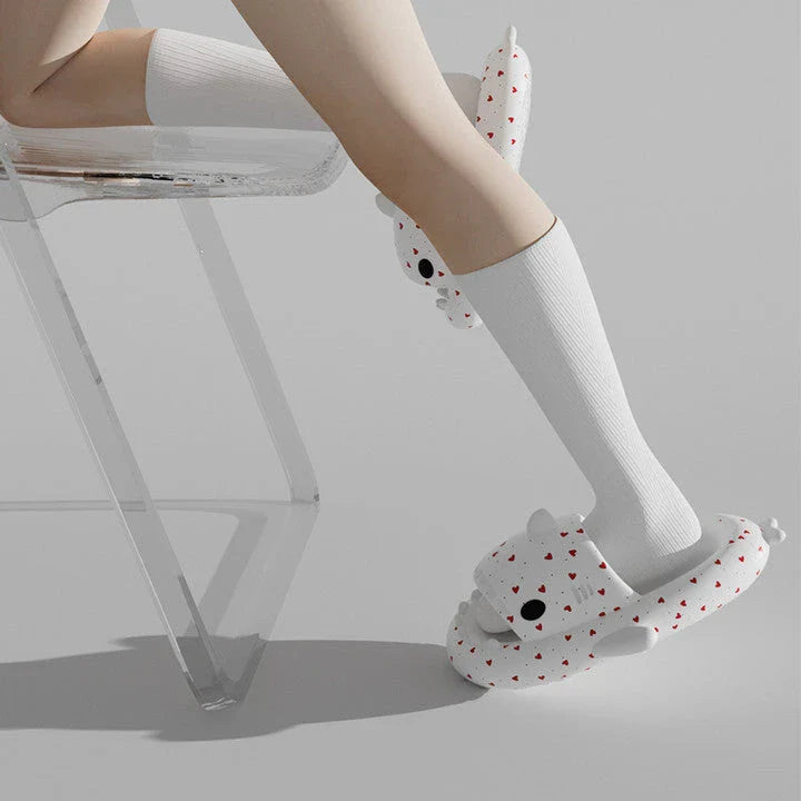 Cute shark-themed slippers with heart print design in various vibrant colors