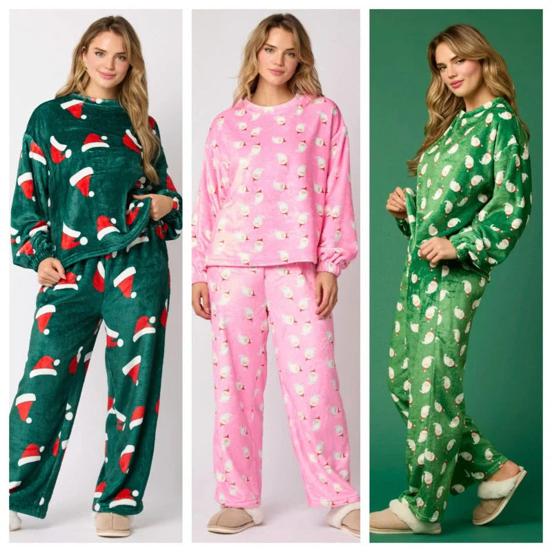 Women's festive flannel pajama set with Santa Claus design and long sleeves