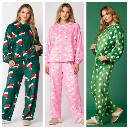 Women's festive flannel pajama set with Santa Claus design and long sleeves