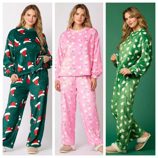 Women's festive flannel pajama set with Santa Claus design and long sleeves