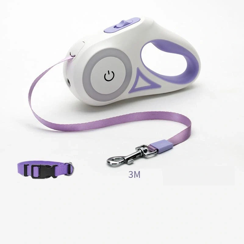 Retractable dog leash with automatic brake system in dream purple, sunshine orange, and mint green