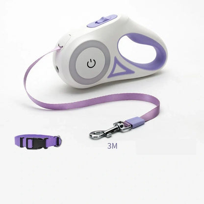 Retractable dog leash with automatic brake system in dream purple, sunshine orange, and mint green