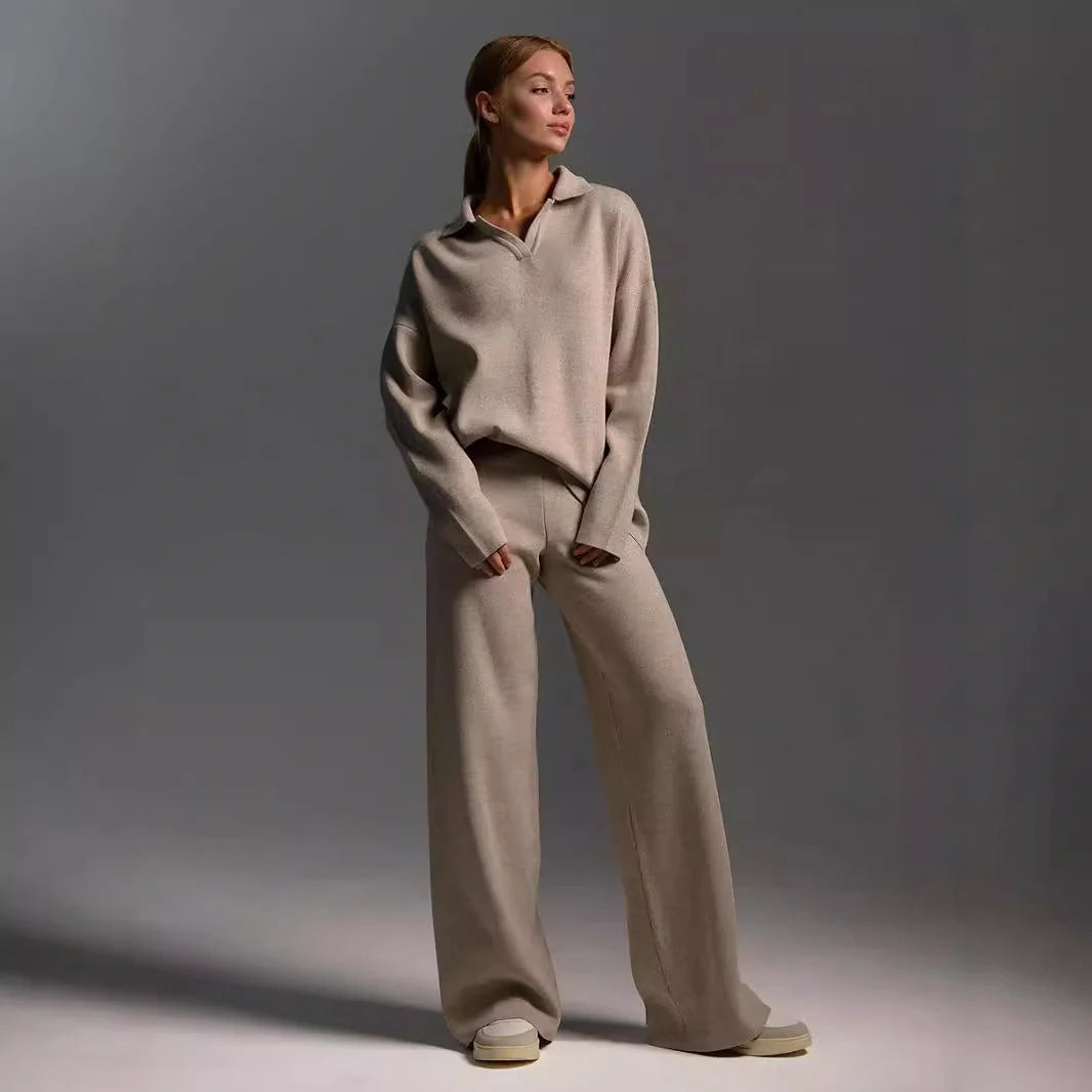 Women's loose collar sweater set in solid colours, made from 100% cotton