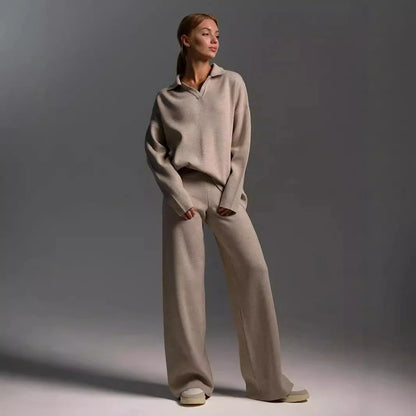 Women's loose collar sweater set in solid colours, made from 100% cotton