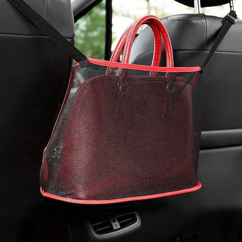 Car Net Pocket Handbag Holder in red and black, showing adjustable belt and spacious storage