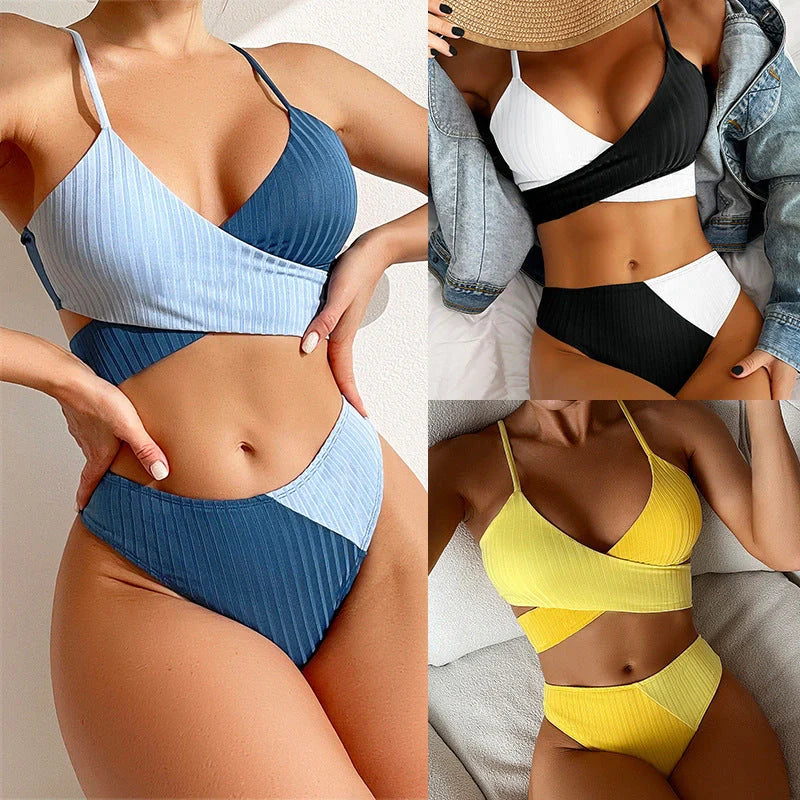 Ribbed women's patchwork bikini with knot back design in various colors