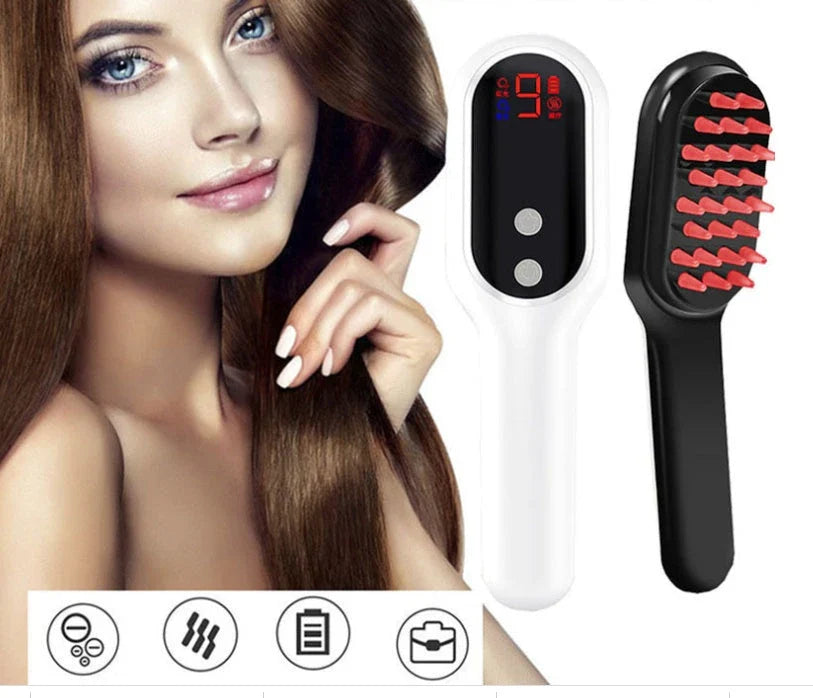 An electric hair growth comb with red and blue light therapy, magnetic massage, and customisable settings for promoting healthy hair growth.