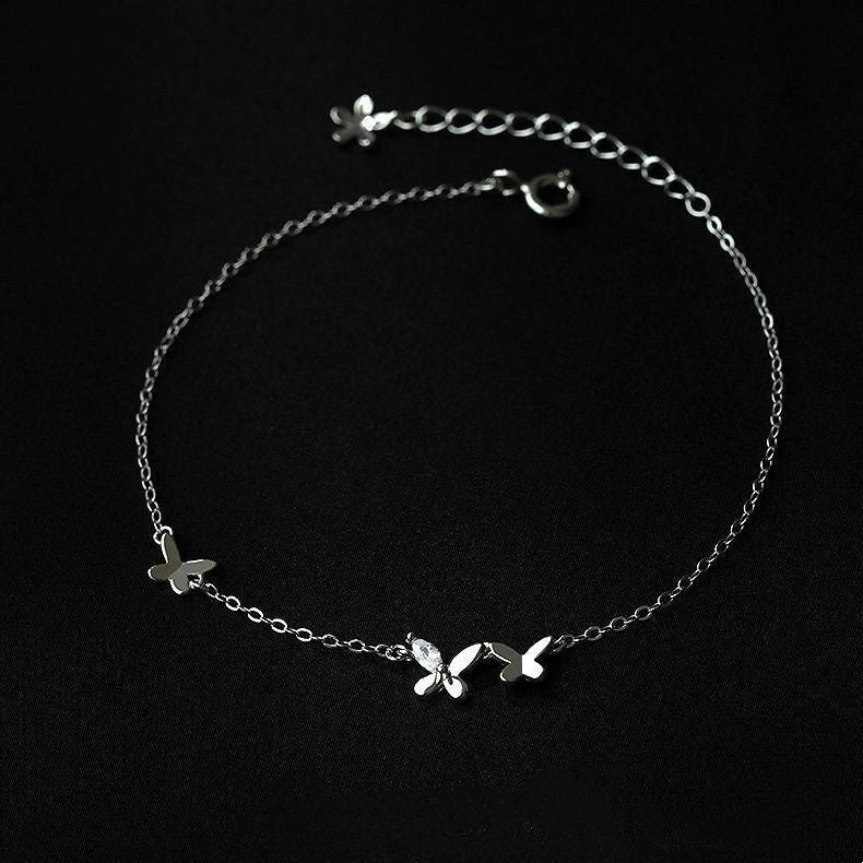S925 Sterling Silver Butterfly Zircon Anklet with Flower Tassel in white gold colour