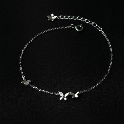 S925 Sterling Silver Butterfly Zircon Anklet with Flower Tassel in white gold colour