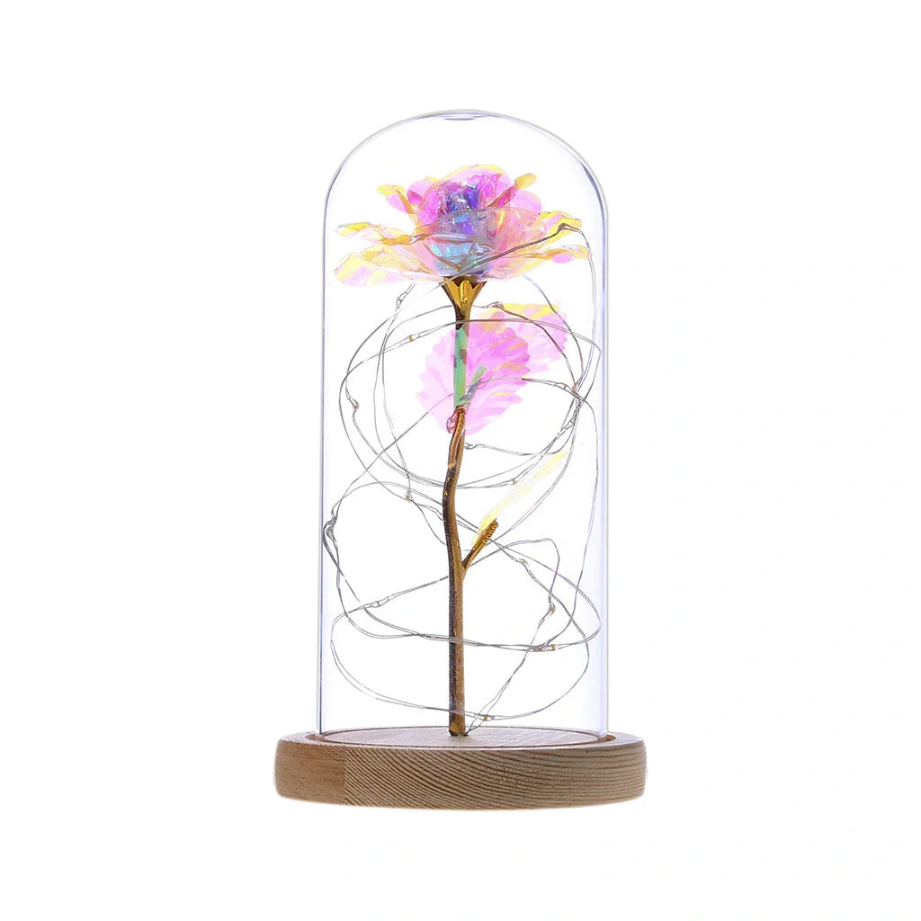 Enchanted Forever Rose in Glass LED Light decoration with realistic rose and wooden base