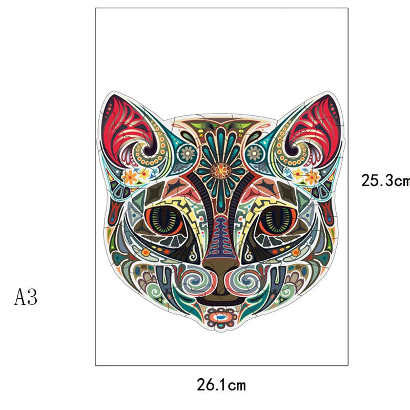 Charming wooden jigsaw puzzle featuring a whimsical flower-faced cat amidst a lush, floral landscape