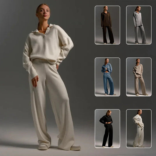 Women's loose collar sweater set in solid colours, made from 100% cotton