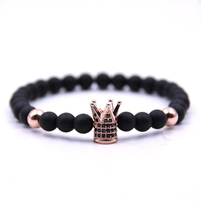 Micro-inlaid crown 6mm matte black and copper bead bracelet with zircon inlay