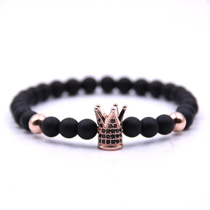 Micro-inlaid crown 6mm matte black and copper bead bracelet with zircon inlay