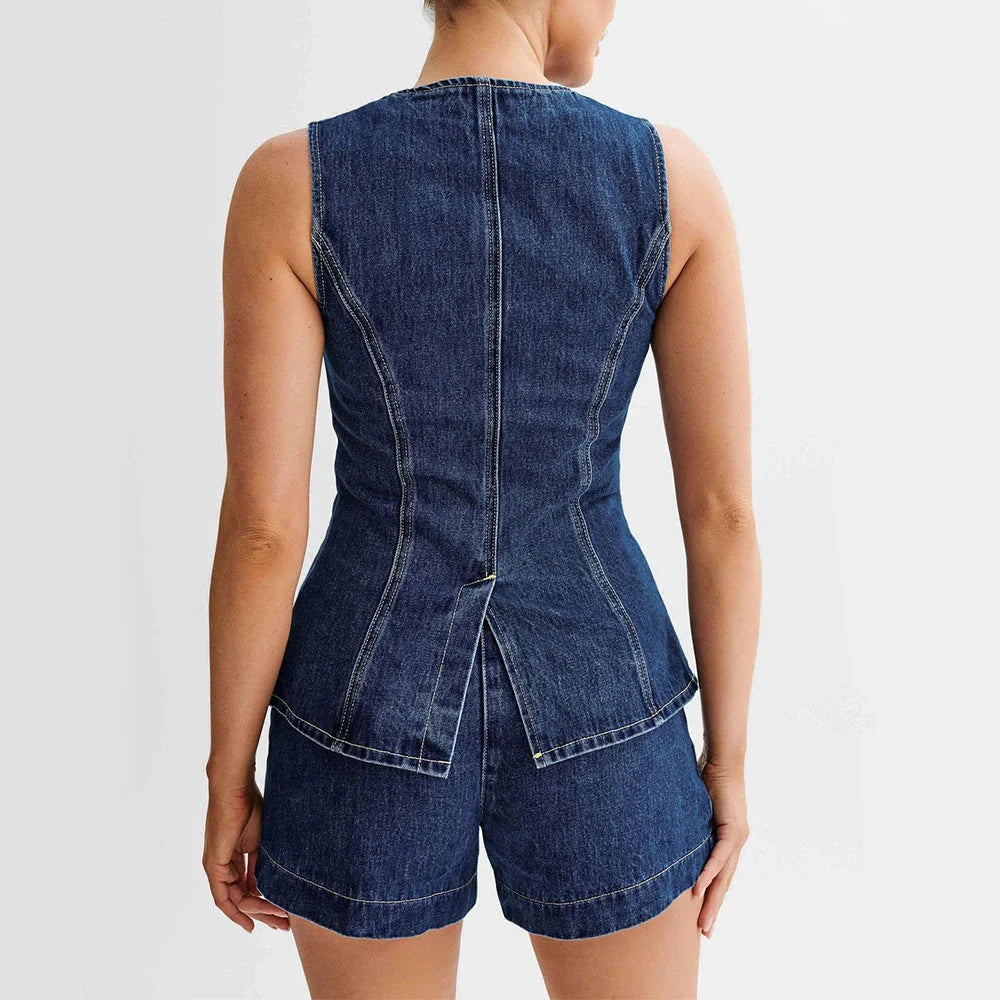 Stylish women's denim vest and high waist shorts set for summer casual wear