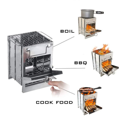 Compact and portable camping stove made of durable stainless steel with a folding design for versatile outdoor cooking