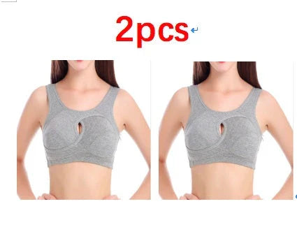 Supportive cotton sports bra with crossover design for lift and support, preventing sagging and bra lines