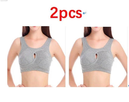 Supportive cotton sports bra with crossover design for lift and support, preventing sagging and bra lines