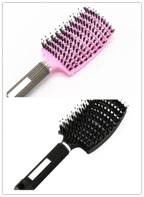 A premium hair brush with a sleek design, featuring soft bristles and a rounded massage function for healthy, detangled hair